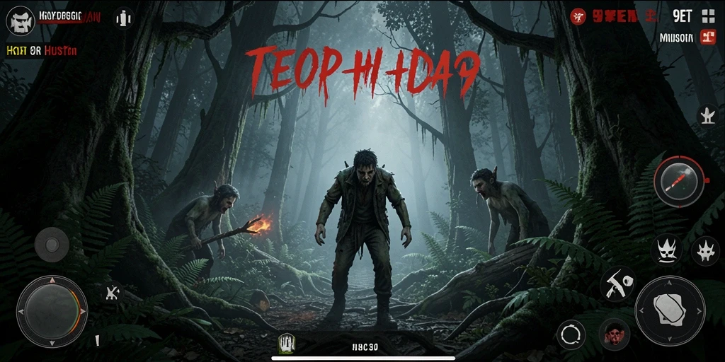 Antarmuka menampilkan suasana mencekam di hutan misterius.